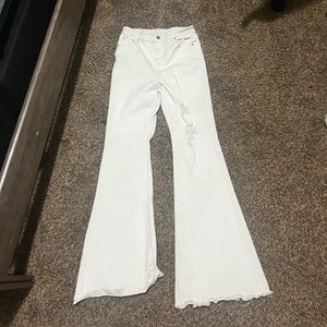 bell bottom distressed white jeans, tall friendly <3